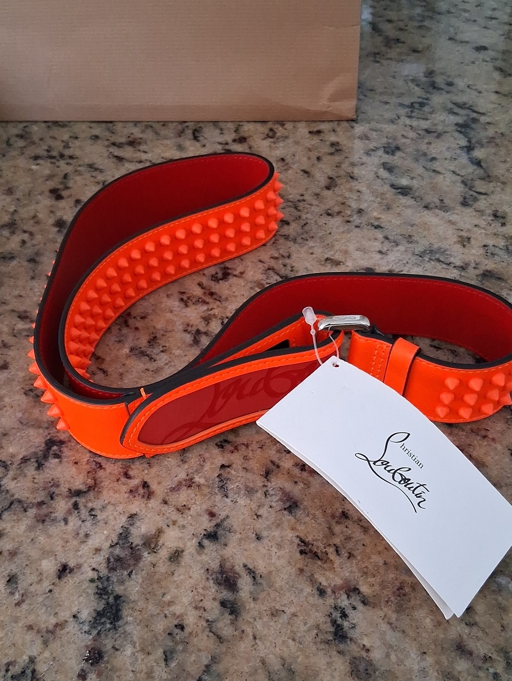 Christian Louboutin Bright Orange Spiked Leather Belt with Red Interior